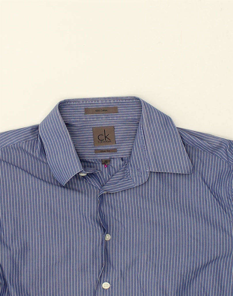 CALVIN KLEIN Mens Slim Fit Shirt Size 40 15 Medium Navy Blue Pinstripe | Vintage Calvin Klein | Thrift | Second-Hand Calvin Klein | Used Clothing | Messina Hembry 