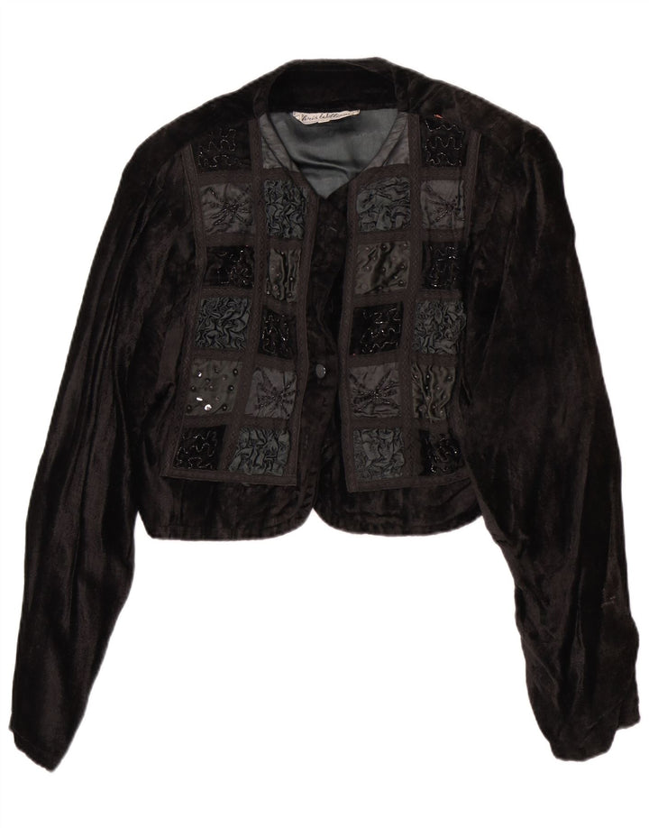 Vintage Womens Velvet Bolero Jacket UK 12 Medium Black Patchwork