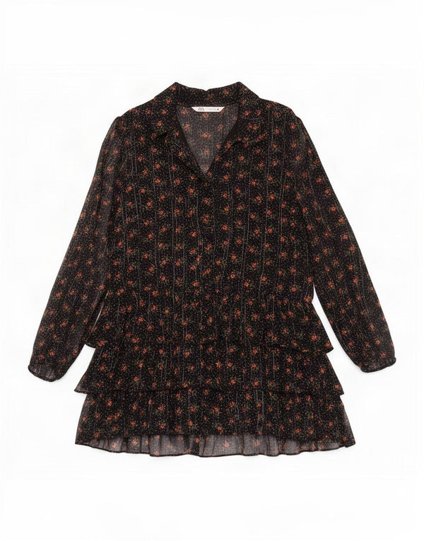 Zara Womens Long Sleeve Tiered Dress UK 10 Small Black Floral Viscose