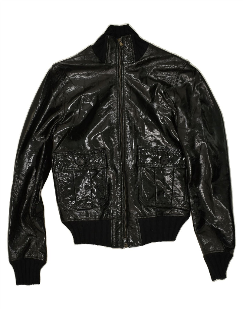 DANIELE ALESSANDRINI Womens Bomber Jacket IT 42 Medium Black Leather Vintage Daniele Alessandrini and Second-Hand Daniele Alessandrini from Messina Hembry 