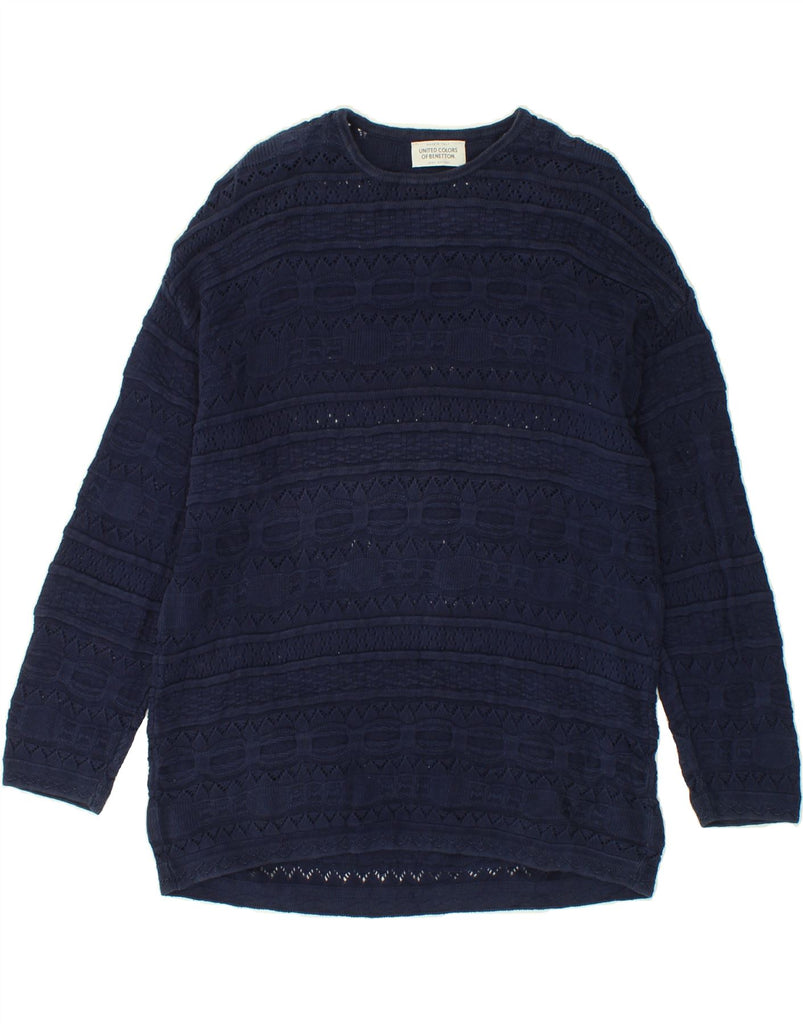 BENETTON Womens Boat Neck Jumper Sweater UK 10 Small Navy Blue Fair Isle Vintage Benetton and Second-Hand Benetton from Messina Hembry 