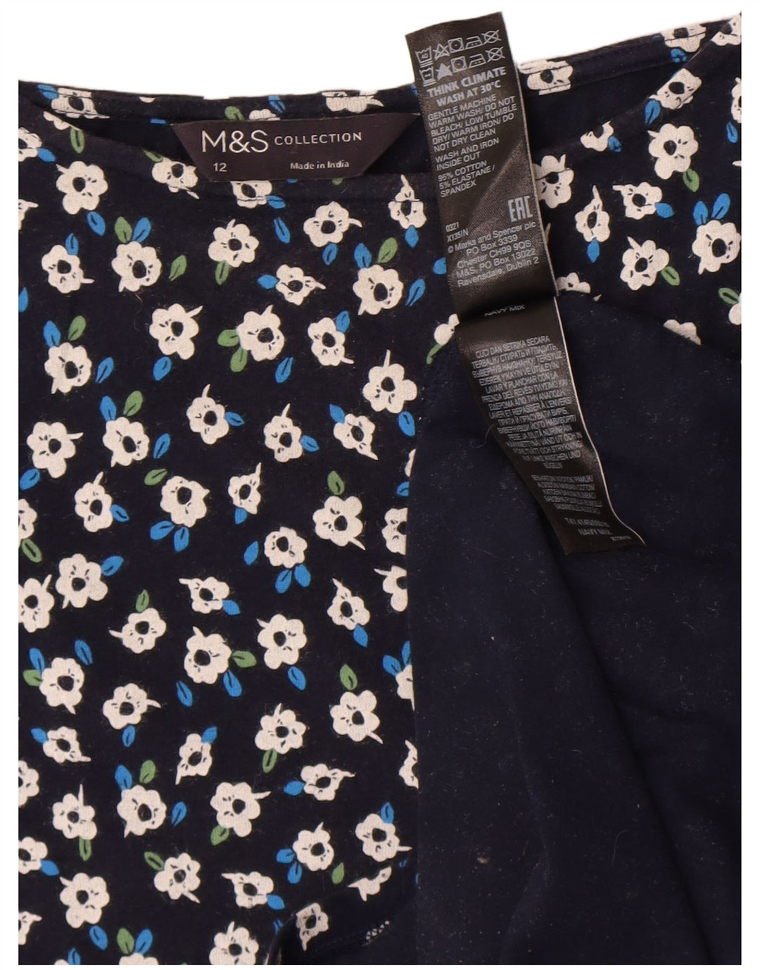 Marks & Spencer Womens Top 3/4 Sleeve UK 12 Medium  Navy Blue Floral Cotton