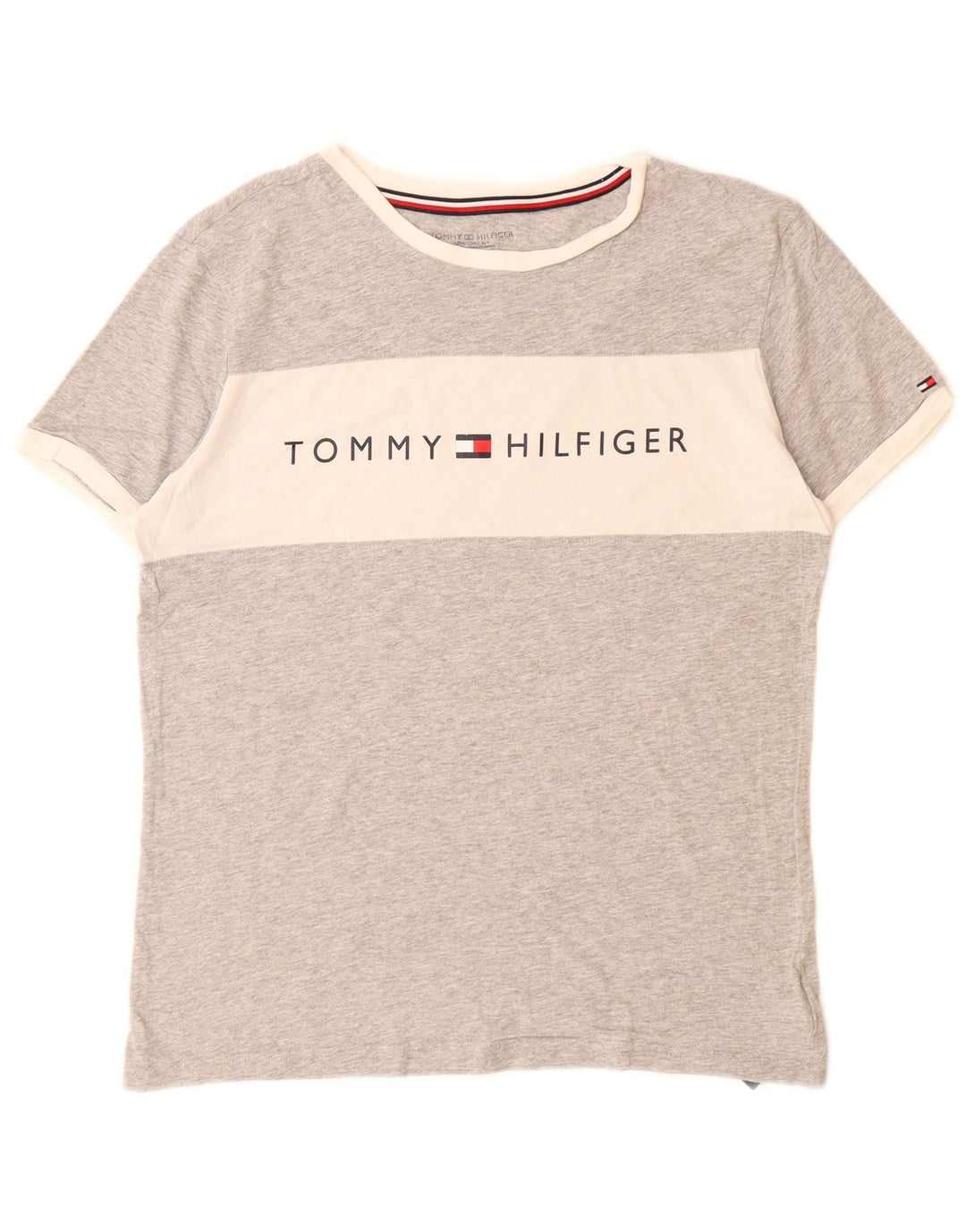 TOMMY HILFIGER Mens Graphic T-Shirt Top Small Grey Colourblock Cotton