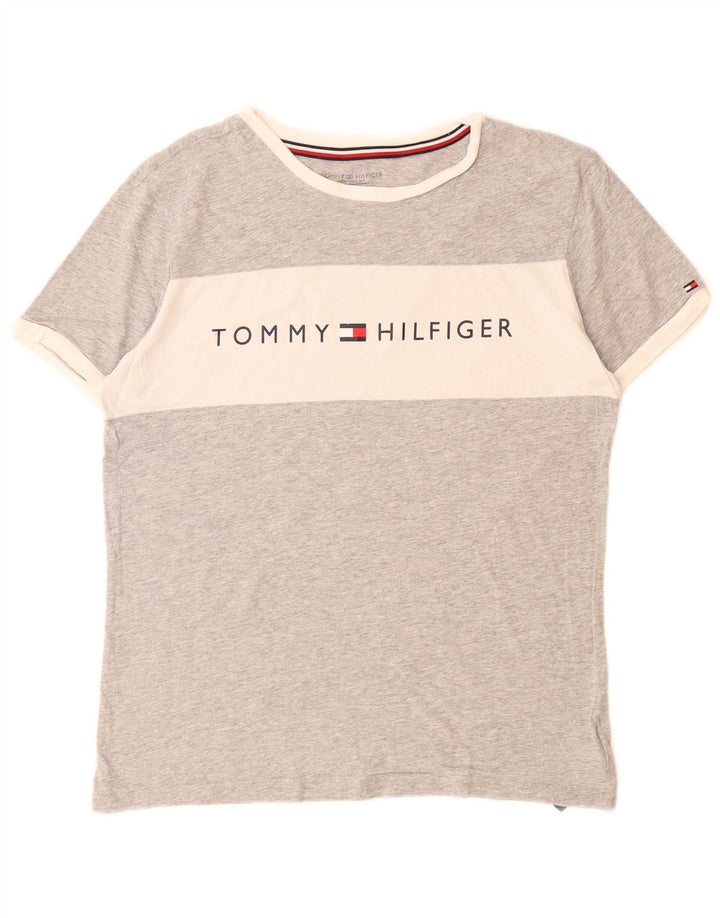 TOMMY HILFIGER Mens Graphic T-Shirt Top Small Grey Colourblock Cotton
