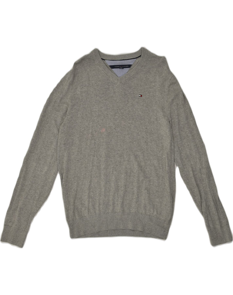 TOMMY HILFIGER Mens V-Neck Jumper Sweater Medium Grey Cotton | Vintage Tommy Hilfiger | Thrift | Second-Hand Tommy Hilfiger | Used Clothing | Messina Hembry 