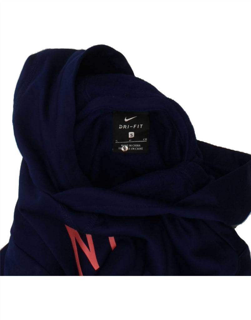 NIKE Girls Dri Fit Graphic Hoodie Jumper 8-9 Years Small Navy Blue Vintage Nike and Second-Hand Nike from Messina Hembry 