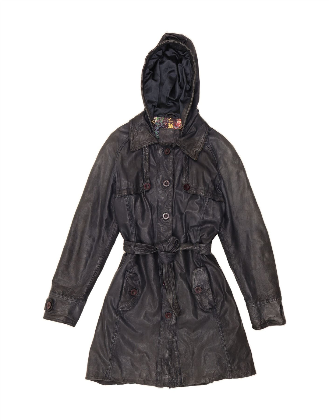 MAZE Womens Hooded Leather Coat UK 14 Large Navy Blue Leather Vintage Maze and Second-Hand Maze from Messina Hembry 
