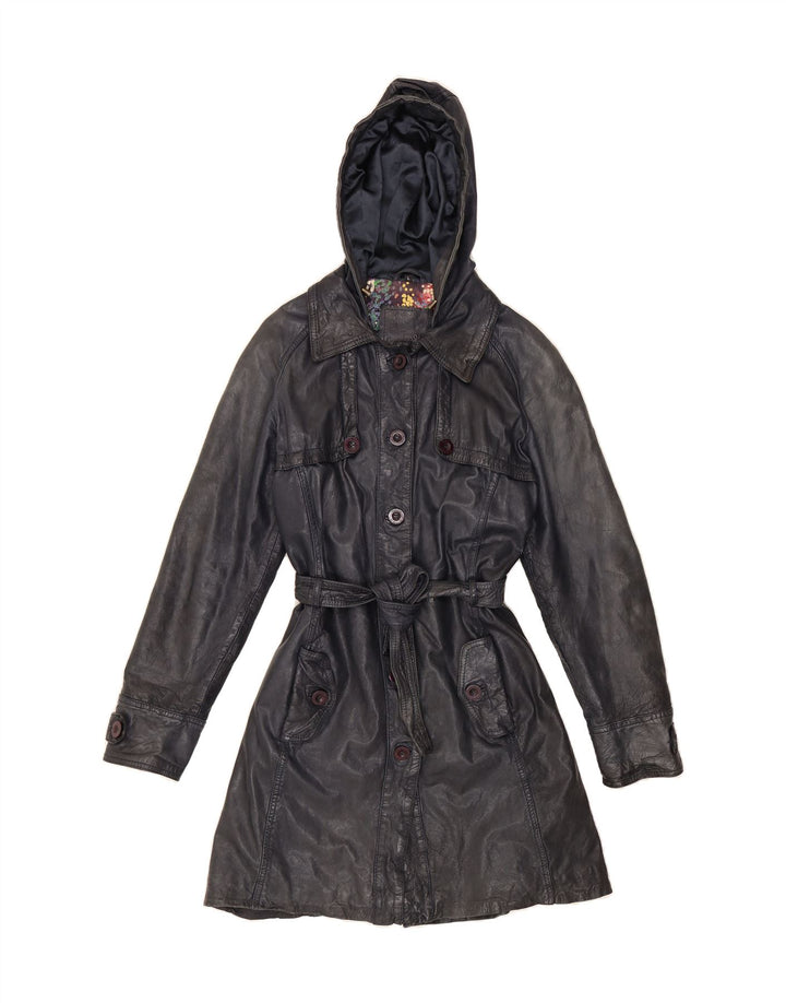 MAZE Womens Hooded Leather Coat UK 14 Large Navy Blue Leather Vintage Maze and Second-Hand Maze from Messina Hembry 