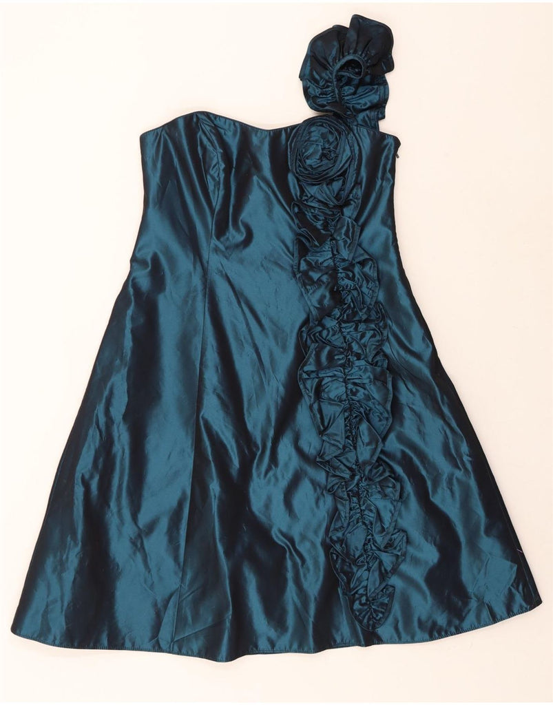DEBUT Womens Ruffle One Shoulder Dress UK 14 Medium Green Acetate Vintage Debut and Second-Hand Debut from Messina Hembry 