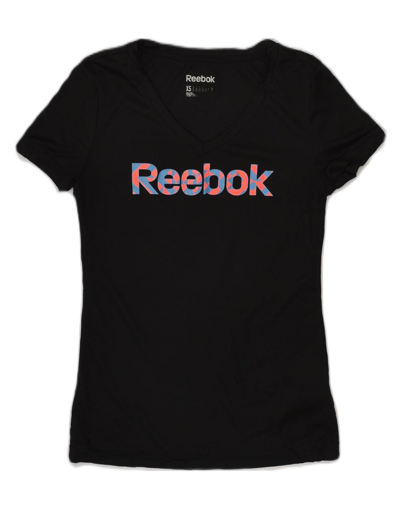 REEBOK Womens Graphic T-Shirt Top UK 6 XS Black Polyester | Vintage Reebok | Thrift | Second-Hand Reebok | Used Clothing | Messina Hembry 