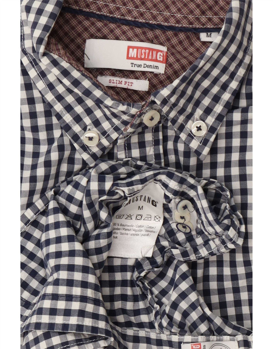 Mustang Mens Slim Fit Shirt Medium Navy Blue Gingham Cotton