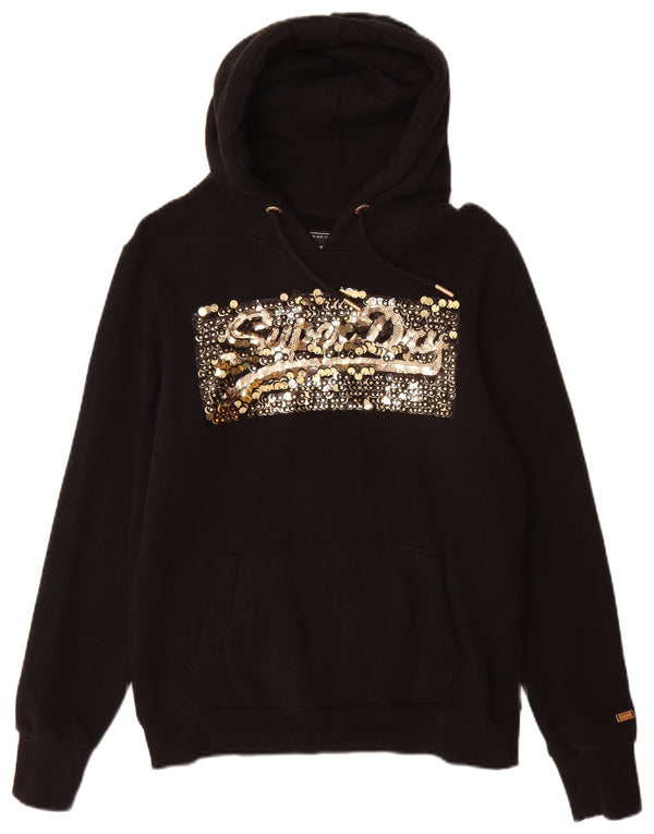 Superdry Womens Graphic Hoodie Jumper UK 14 Large Black Cotton