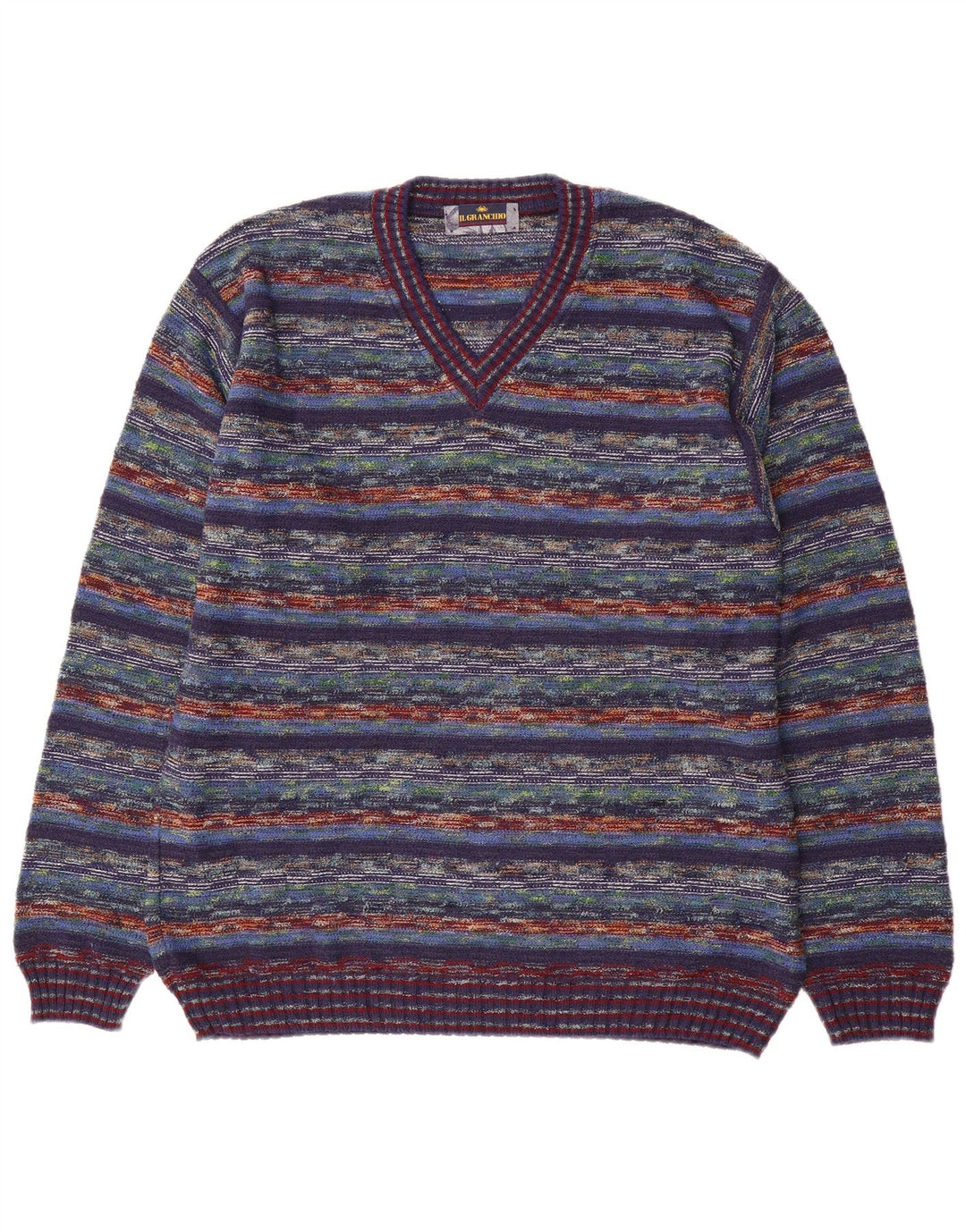 Il Granchio Mens V-Neck Jumper Sweater Medium Multicoloured Striped Cotton