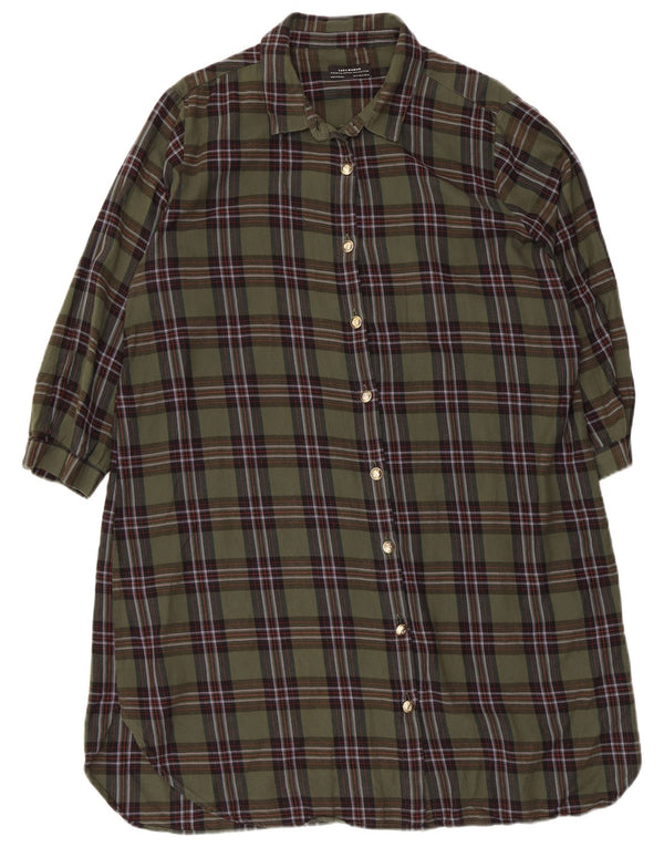 Zara Womens 3/4 Sleeve Shirt Dress UK 18 XL Green Check Cotton