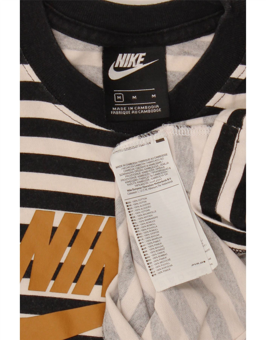 NIKE Womens Graphic T-Shirt Top UK 12 Medium Black Striped Cotton
