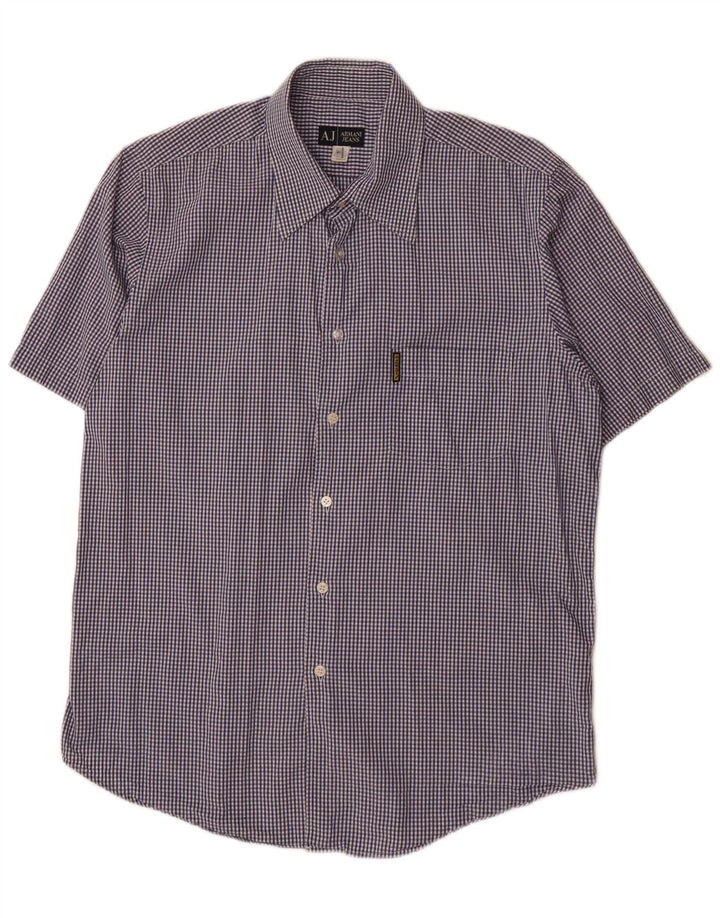 ARMANI Mens Short Sleeve Shirt Large Blue Gingham Cotton