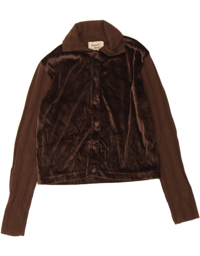 VINTAGE Womens Velour Crop Cardigan Sweater UK 12 Medium Brown Polyester Vintage Vintage and Second-Hand Vintage from Messina Hembry 