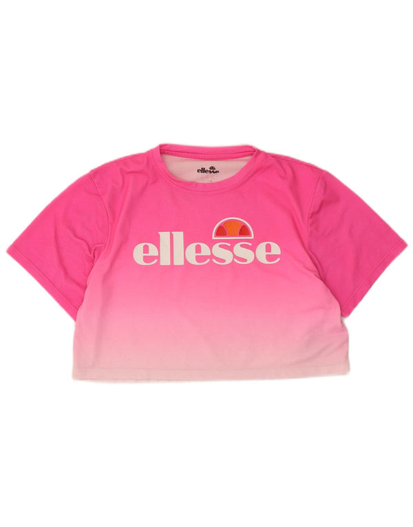 Ellesse Womens Crop Graphic T-Shirt Top UK 14 Medium Pink Colourblock