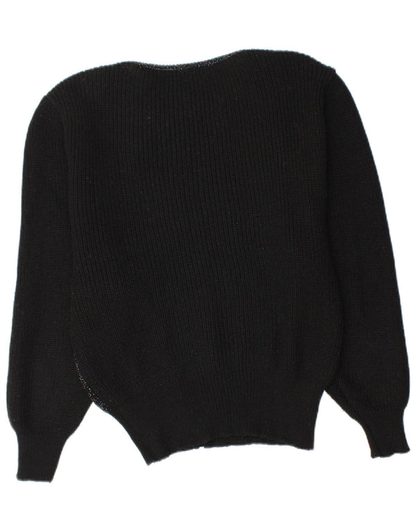 Vintage Womens Boat Neck Jumper Sweater UK 12 Medium Black Floral