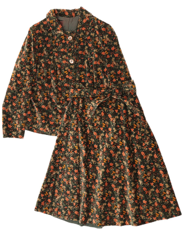 Vintage Womens Velvet 2 Piece Skirt Set UK 12 Medium W25 Green Floral