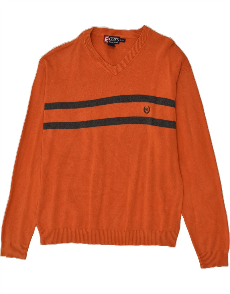 CHAPS Mens V-Neck Jumper Sweater XL Orange Striped Cotton | Vintage Chaps | Thrift | Second-Hand Chaps | Used Clothing | Messina Hembry 