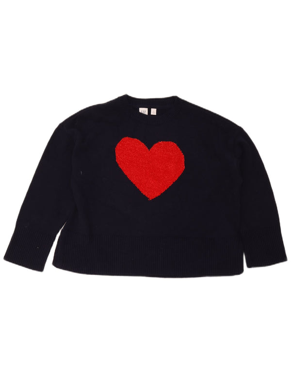 Gap Girls Graphic Crew Neck Jumper Sweater 11-12 Years XL Navy Blue Heart