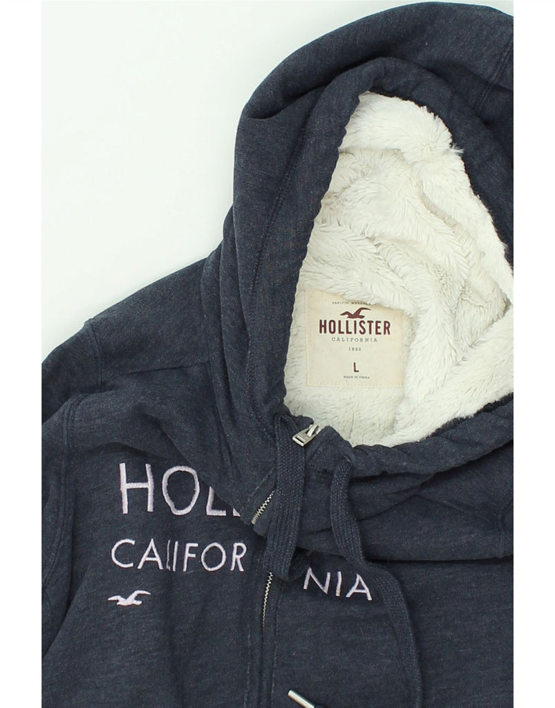 HOLLISTER Womens Graphic Zip Hoodie Sweater UK 14 Large Navy Blue Cotton | Vintage Hollister | Thrift | Second-Hand Hollister | Used Clothing | Messina Hembry 