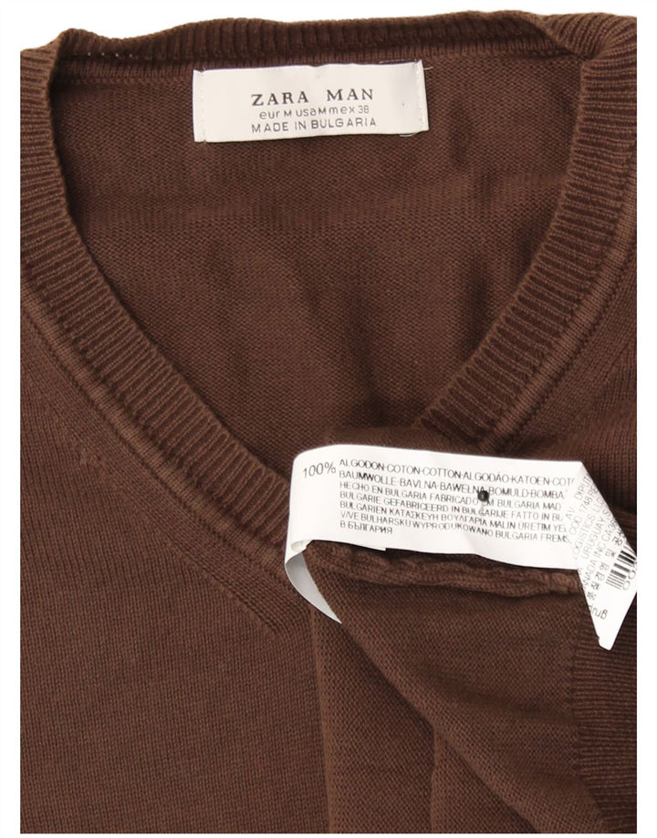 Zara Mens V-Neck Jumper Sweater Medium Brown Cotton