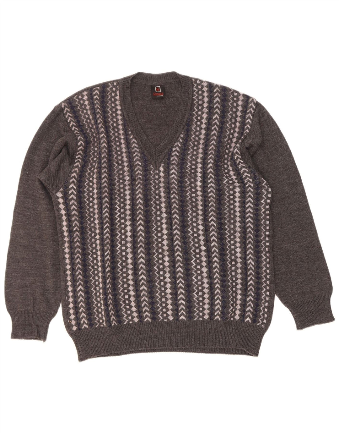 Rinaldi Mens V-Neck Jumper Sweater Medium Grey Geometric Wool