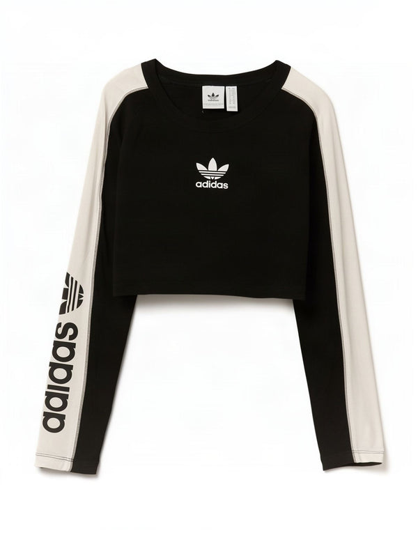 Adidas Womens Crop Graphic Top Long Sleeve UK 6 XS Black Colourblock Cotton