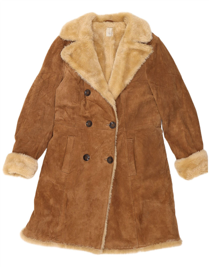 Camaieu Womens Double Breasted Shearling Coat UK 14 Large Beige Leather