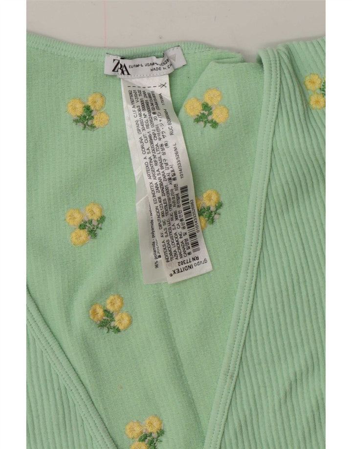 Zara Womens Wrap Cardigan Top UK 12 Medium Green Floral Polyamide