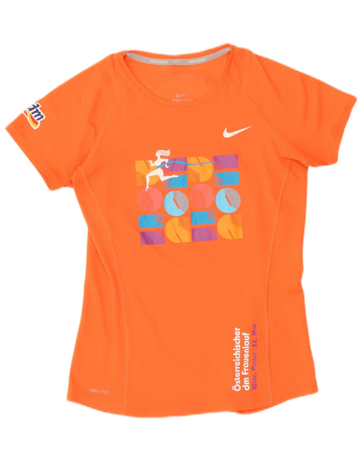 Nike Womens Dri Fit Graphic T-Shirt Top UK 10 Small Orange Polyester