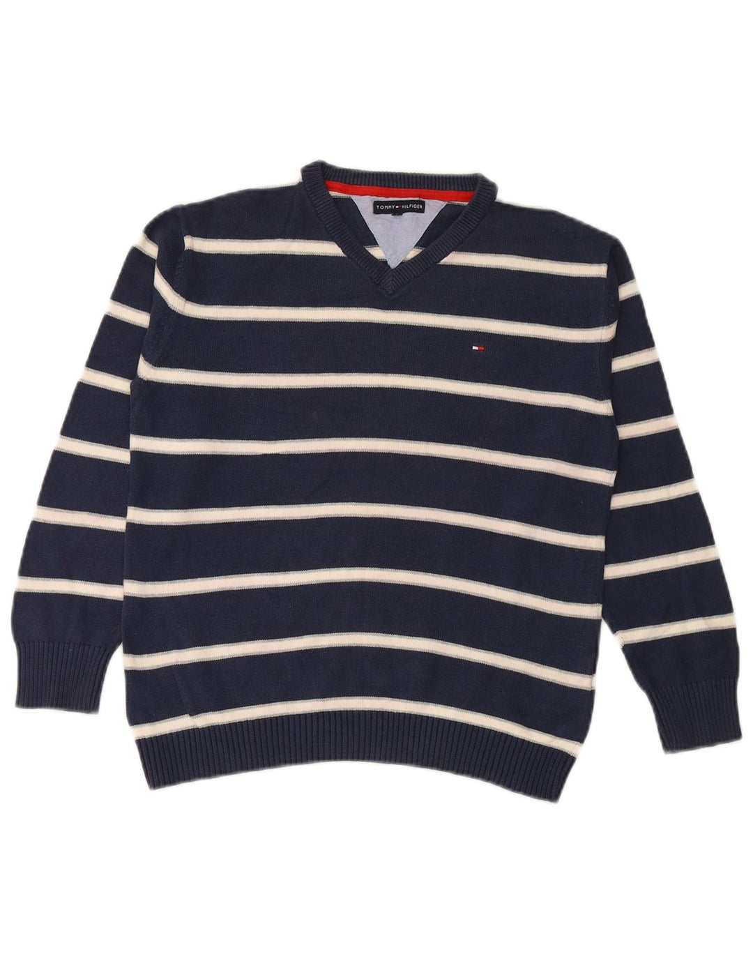 TOMMY HILFIGER Boys V-Neck Jumper Sweater 11-12 Years Navy Blue Striped