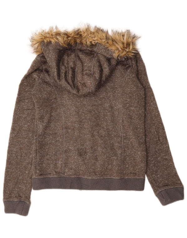 Superdry Womens Zip Hoodie Sweater UK 14 Medium Brown Flecked Cotton