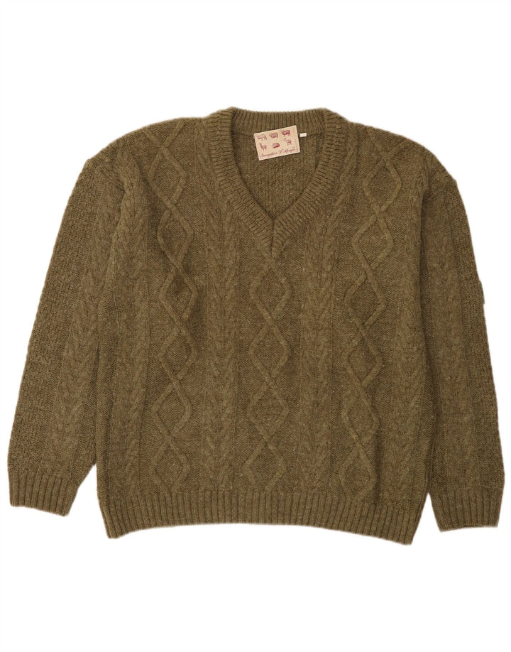 Vintage Mens V-Neck Jumper Sweater Medium Khaki Acrylic