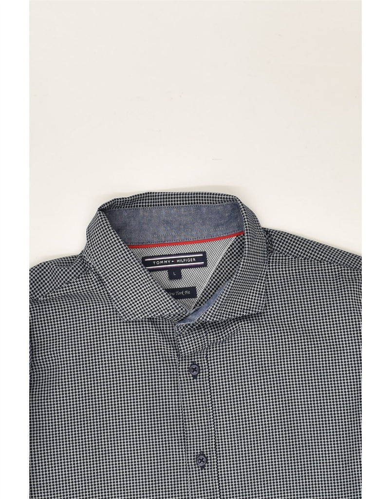 TOMMY HILFIGER Mens New York Fit Shirt Large Navy Blue Spotted Cotton | Vintage Tommy Hilfiger | Thrift | Second-Hand Tommy Hilfiger | Used Clothing | Messina Hembry 