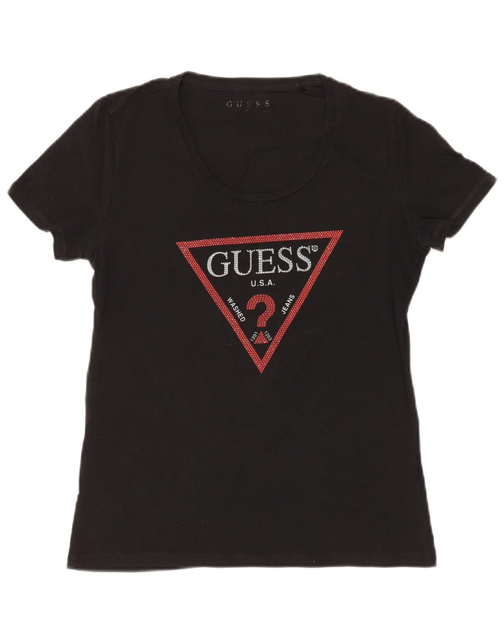 GUESS Womens Graphic T-Shirt Top UK 8 Small Black Cotton