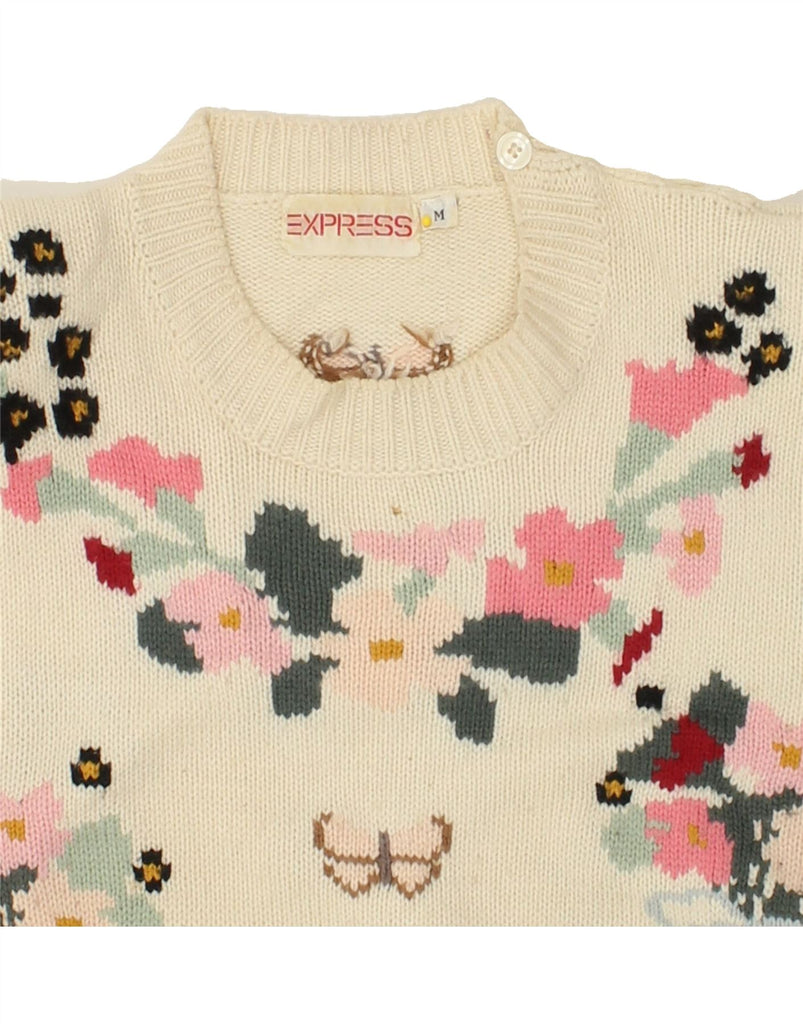 EXPRESS Womens Crew Neck Jumper Sweater UK 12 Medium Beige Floral Acrylic | Vintage Express | Thrift | Second-Hand Express | Used Clothing | Messina Hembry 