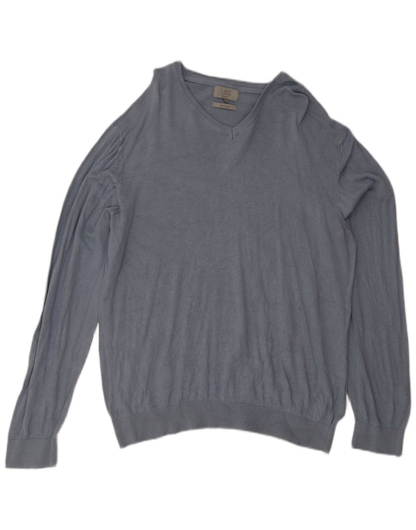 Marks & Spencer Mens Regular Fit V-Neck Jumper Sweater 2XL Blue Cotton