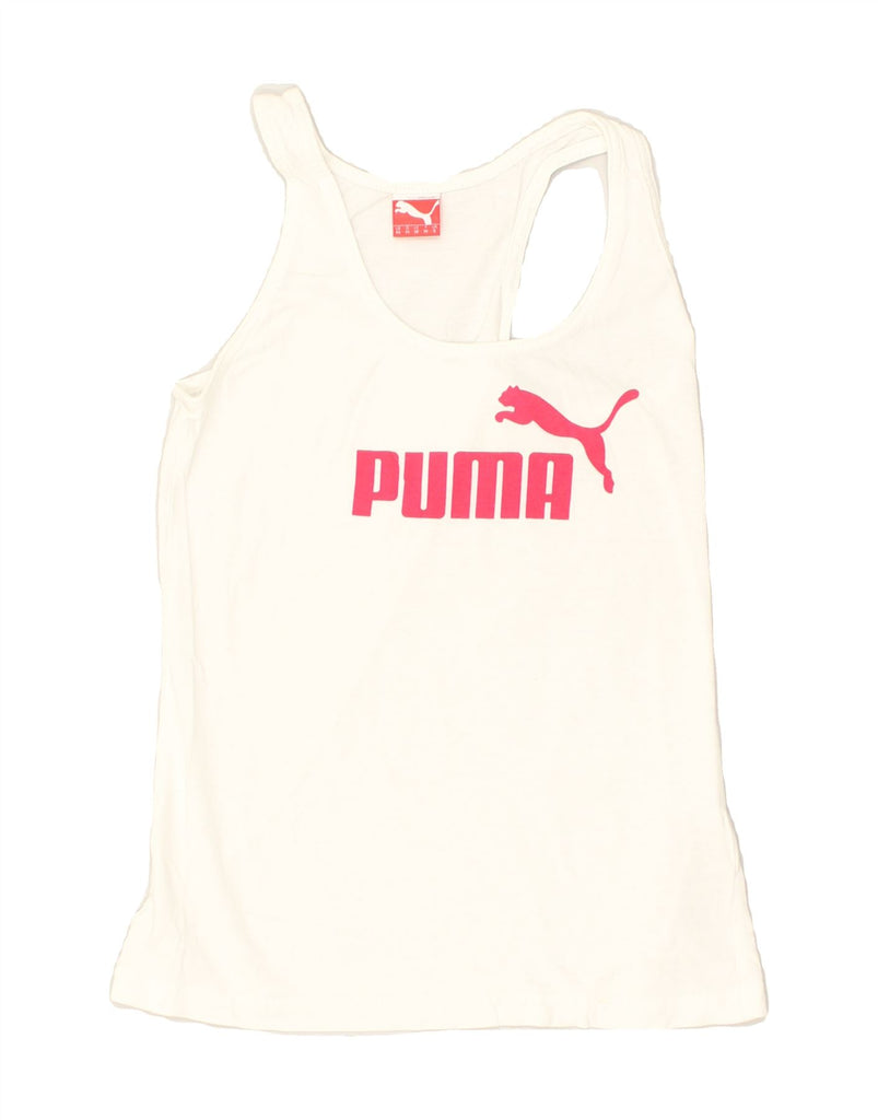 PUMA Womens Graphic Vest Top UK 8 Small  White Cotton | Vintage Puma | Thrift | Second-Hand Puma | Used Clothing | Messina Hembry 