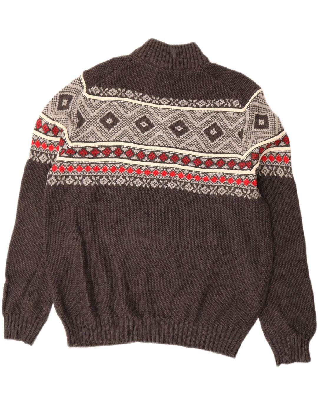 IZOD Mens Zip Neck Jumper Sweater Large Grey Fair Isle Cotton