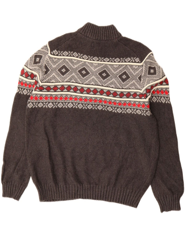 IZOD Mens Zip Neck Jumper Sweater Large Grey Fair Isle Cotton