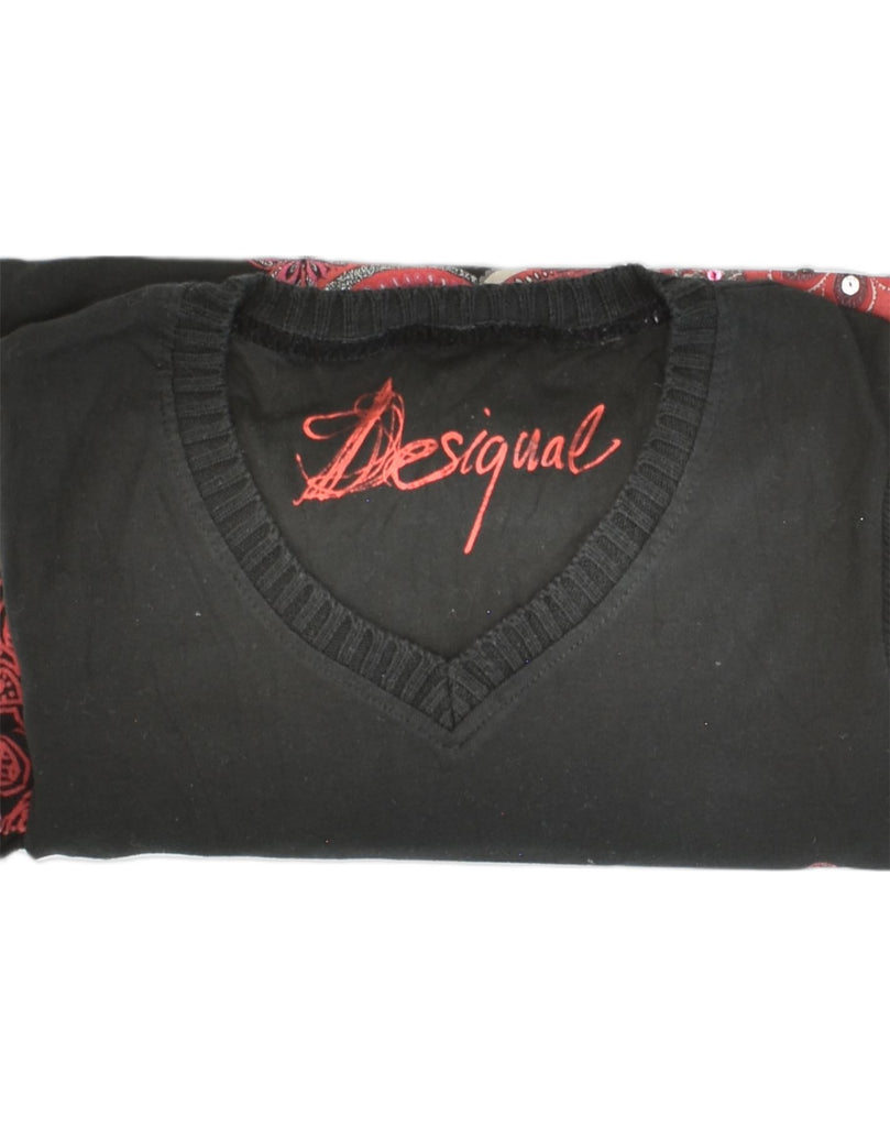 DESIGUAL Womens Graphic V-Neck Jumper Sweater UK 8 Small Black Ikat Cotton | Vintage Desigual | Thrift | Second-Hand Desigual | Used Clothing | Messina Hembry 