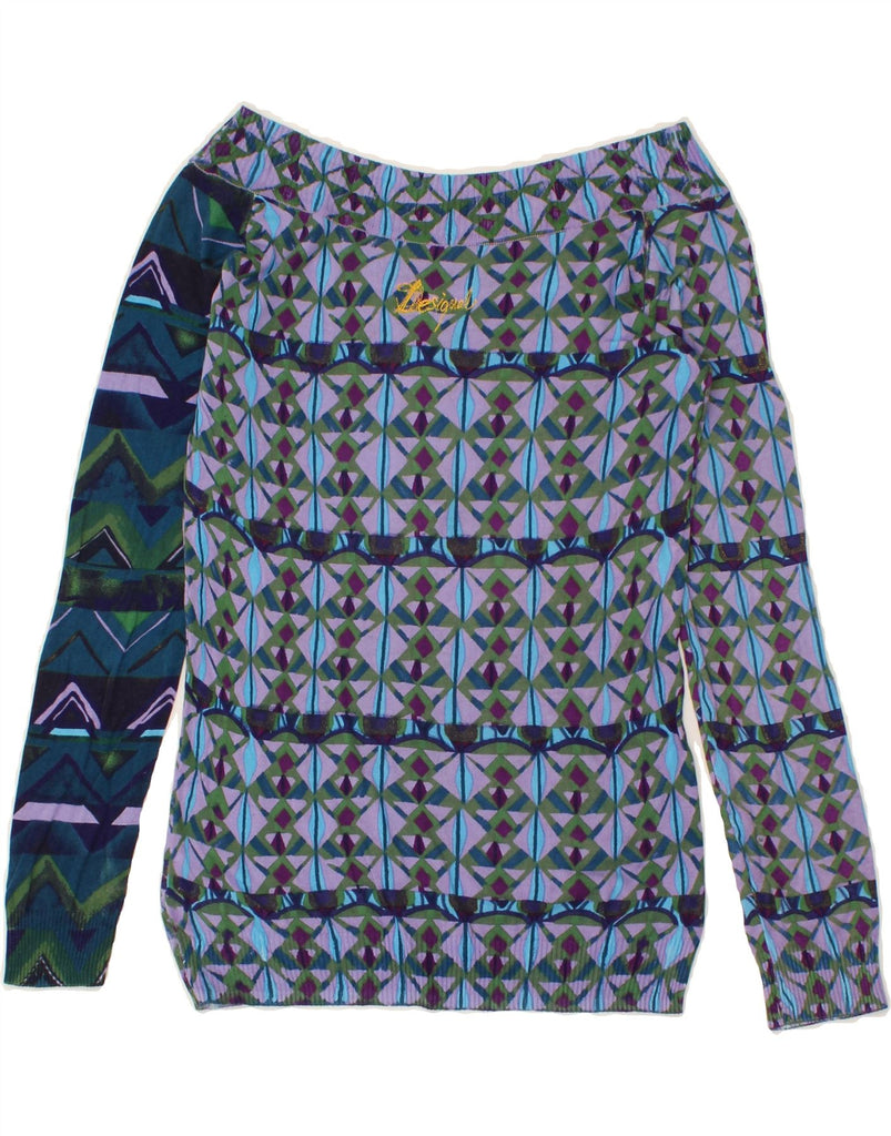 DESIGUAL Womens Graphic Boat Neck Jumper Sweater UK 14 Large Blue Floral Vintage Desigual and Second-Hand Desigual from Messina Hembry 