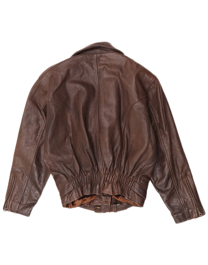Vintage Womens Oversized Leather Biker Jacket UK 6 XS Brown Leather