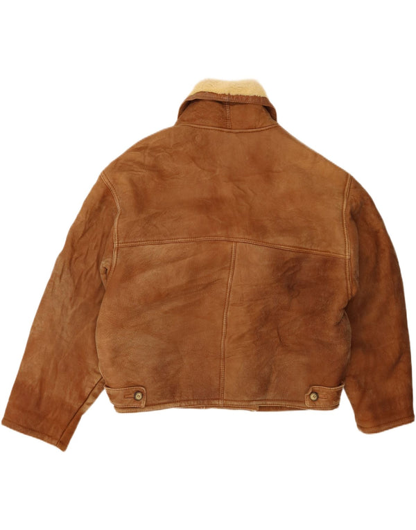 Vintage Mens Double Breasted Shearling Jacket UK 20 2XL Brown Shearling