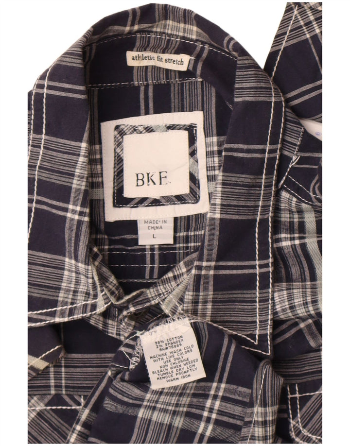 BKE Mens Athletic Fit  Military Shirt Large Navy Blue Check Cotton