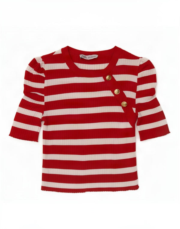 Zara Womens Crop Top 3/4 Sleeve UK 14 Large Red Striped Viscose