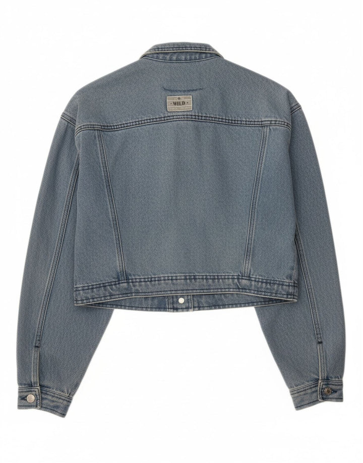 WILD Womens Crop Denim Jacket UK 14 Large Blue Floral Cotton